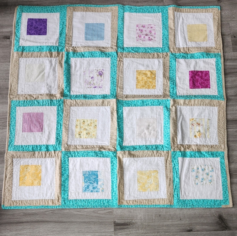 Vintage American hand stitched/sewn lap Blanket Patchwork 44"x45"